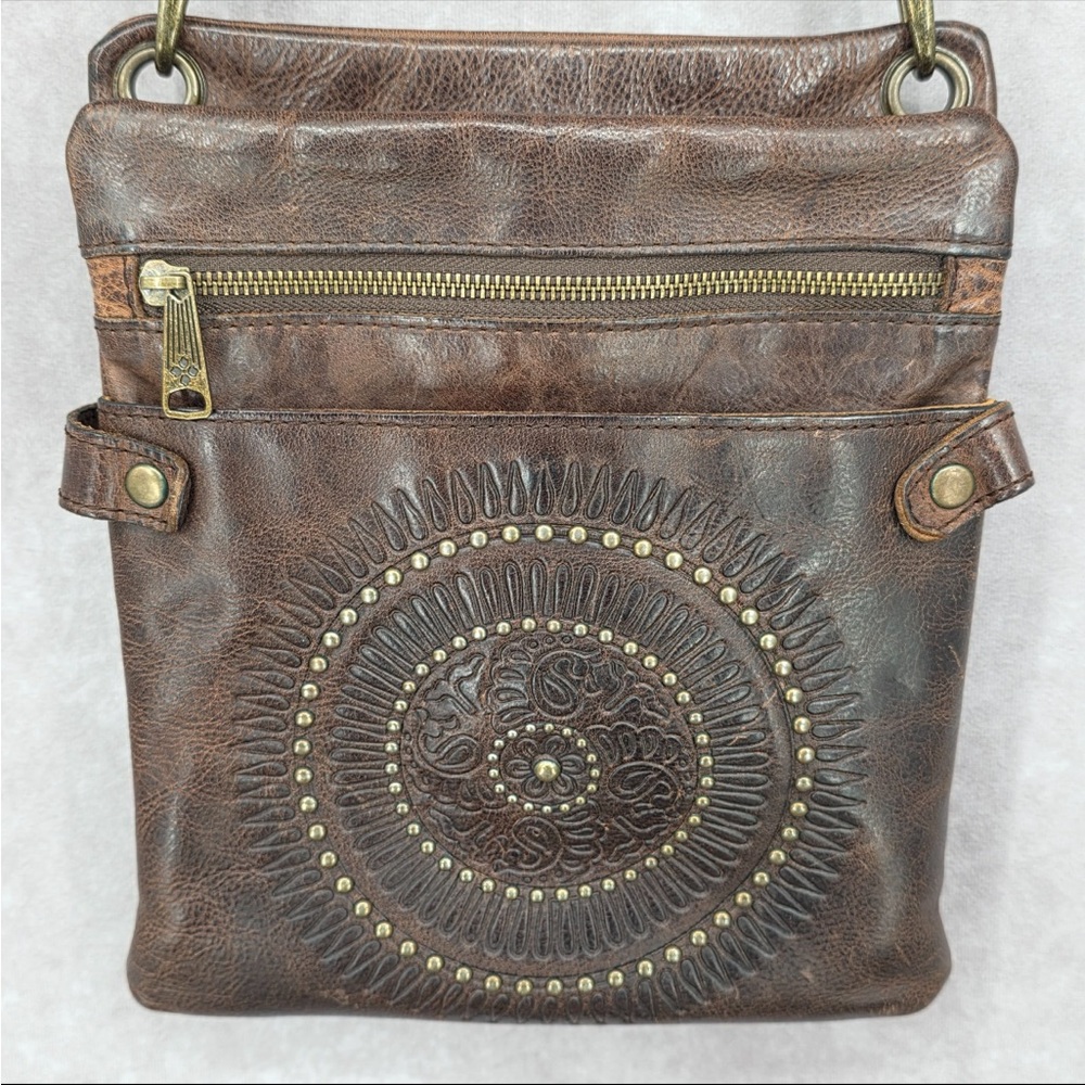Patricia Nah Brown Crossbody Bag with Embossed Design